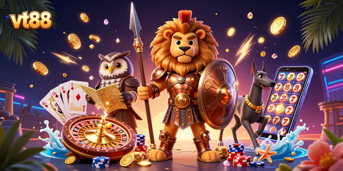 Engage with VT88's thrilling casino experience, featuring a heroic lion and dazzling gaming elements.
