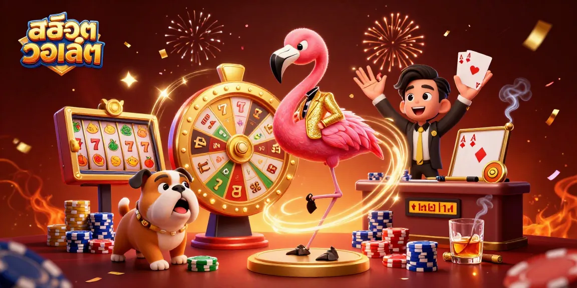 Engage with สล็อตวอเลท featuring vibrant casino-themed characters and slot reels surrounding them.