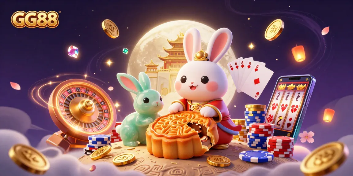 Spin to win with GG88 as the moon rabbit pounds mooncakes revealing poker chips amid casino excitement.