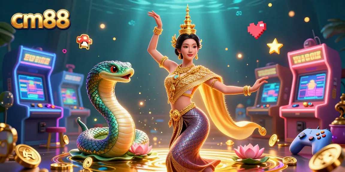 Experience winning at cm88 with a vibrant Thai dancer, Naga serpent, and arcade elements in a colorful casino scene.