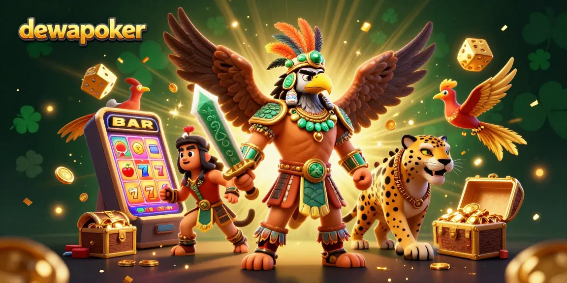 Dewapoker menampilkan karakter pejuang Aztec dalam ilustrasi 3D dengan simbol permainan kasino yang dinamis dan mengesankan.