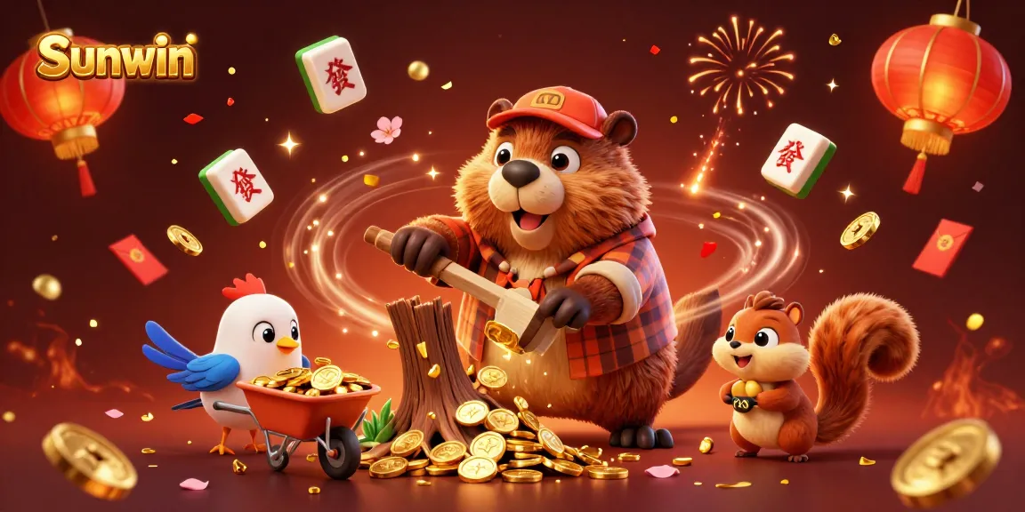 Sunwin engages players in a vibrant casino atmosphere with golden coins raining down and lively game elements.