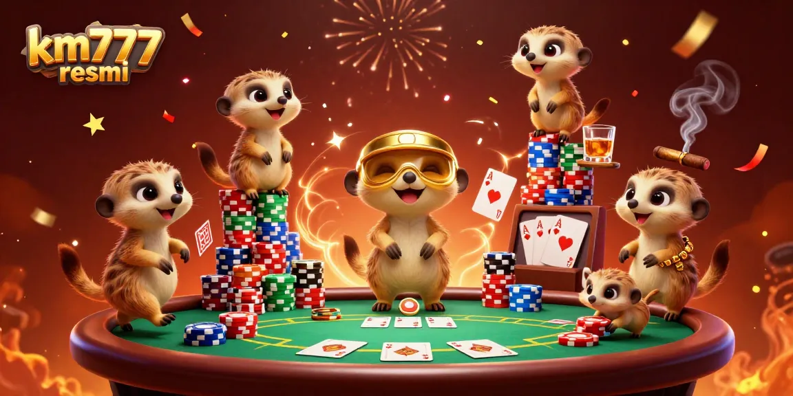 Experience thrilling gameplay at km777 resmi with meerkats orchestrating a vibrant casino scene and colorful poker chips.