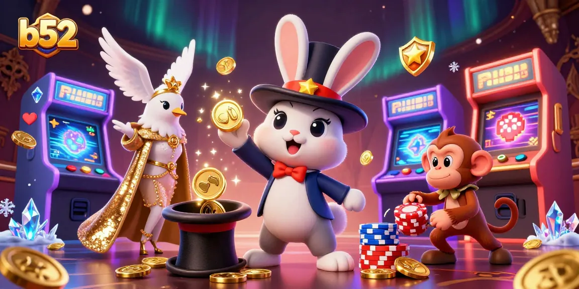 Experience the magic of b52 casino with a whimsical 3D scene of a magician rabbit, dove, and monkey amidst sparkling gaming elements.