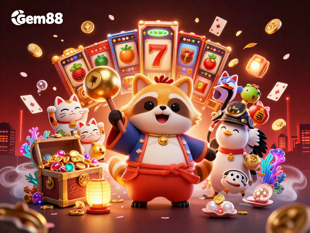 Gem88 features a joyful tanuki and samurai crane in a lively casino scene with colorful slot elements.
