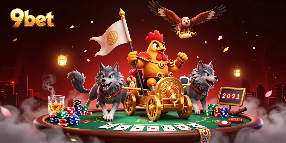 Join 9bet's thrilling poker scene with a cartoon rooster warlord, poker chips, and vibrant gaming action.