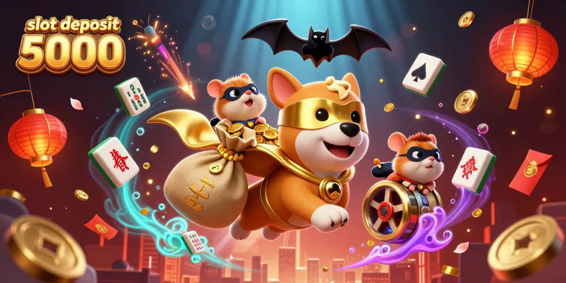 Experience thrilling action with slot deposit 5000 as a superhero dog carries gold coins amidst dynamic casino elements.