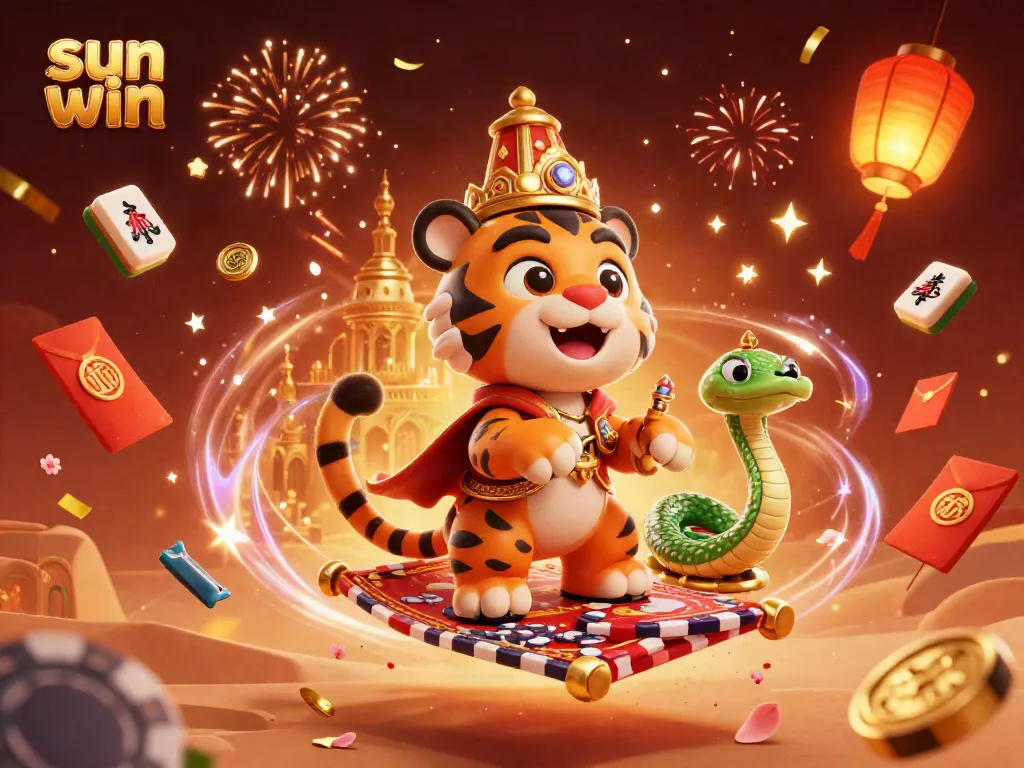 Engage with the vibrant world of sun win, featuring a 3D cartoon tiger sultan and a dazzling casino scene.