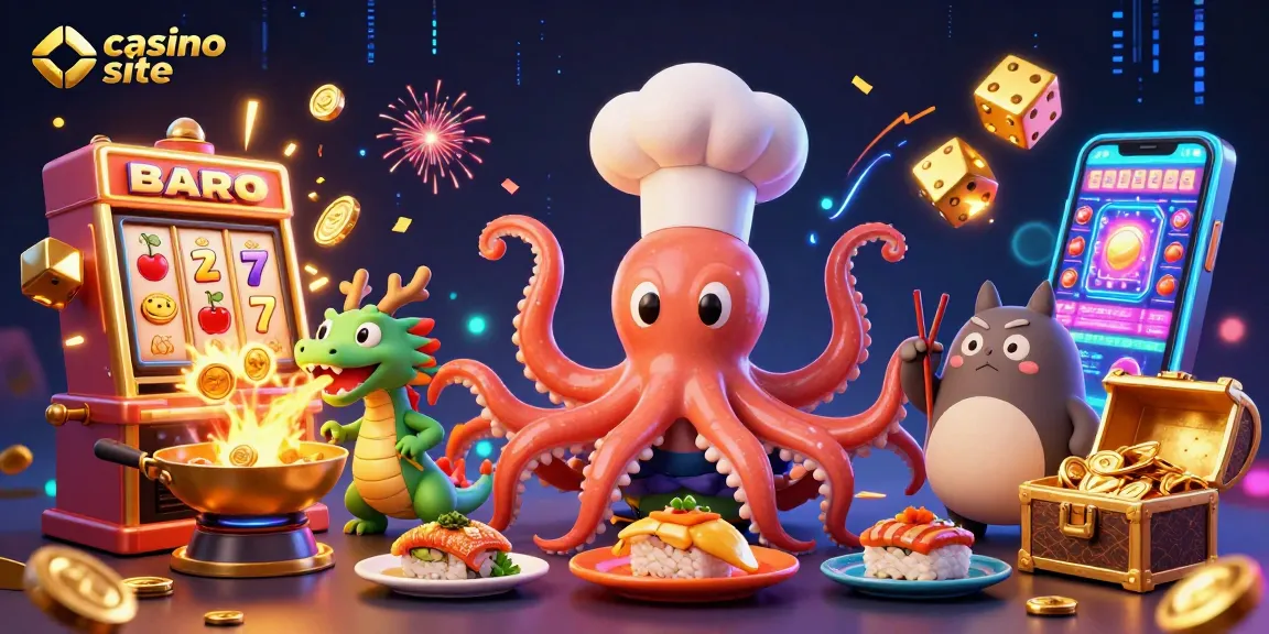 Exciting casino site featuring a cartoon octopus chef, dragon, and tanuki with slots, gold coins, and vibrant effects.