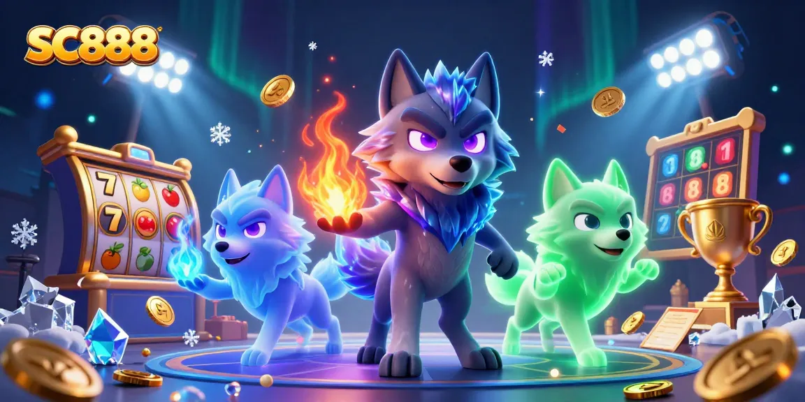 Engage in thrilling gameplay with SC888 featuring a shadow wolf pack and dynamic casino elements.