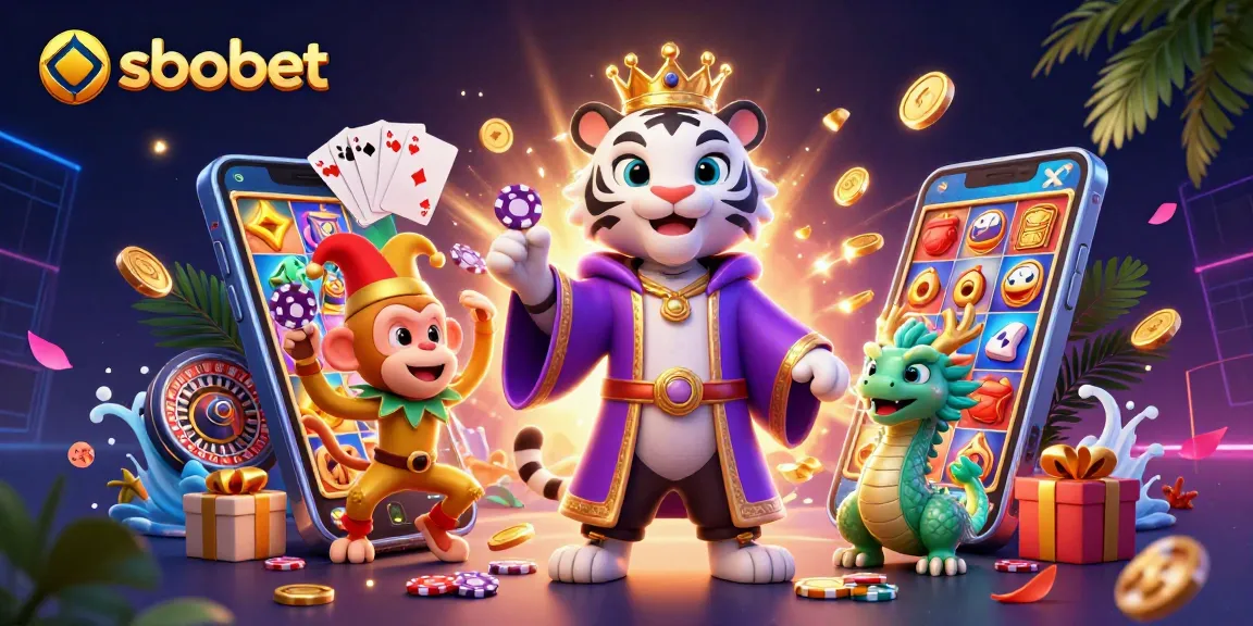 Engaging sbobet scene depicting a playful golden monkey juggling poker chips alongside a white tiger and a jade dragon.