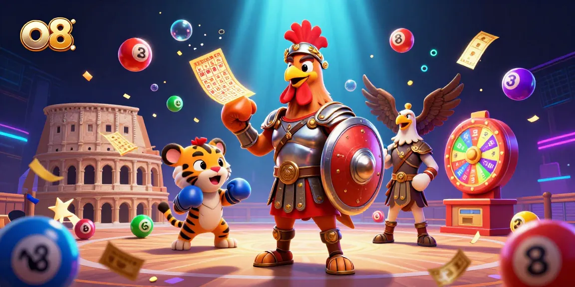 Engage in thrilling gameplay at o8, featuring a dynamic scene with vibrant lottery balls and casino elements.