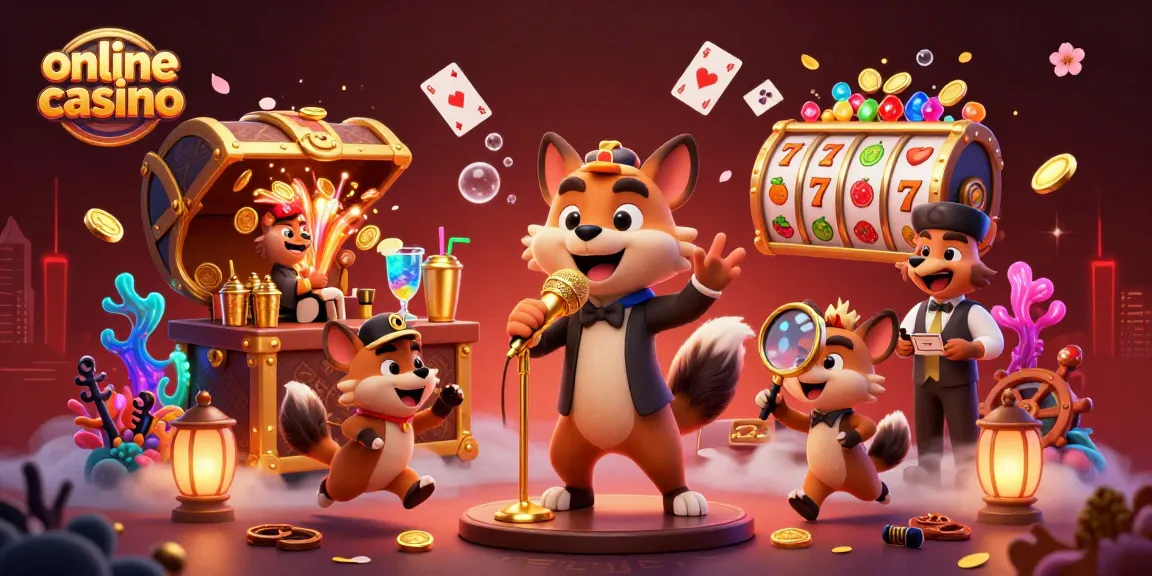 Engage in the lively atmosphere of an online casino as cartoon hyenas perform comedy antics surrounded by slot reels and treasure chests.
