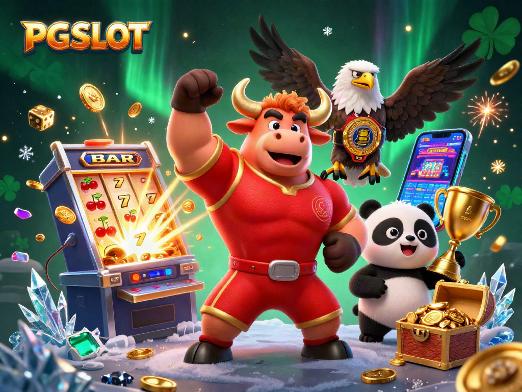 Experience the excitement of PG SLOT with winning mascots and captivating casino elements.
