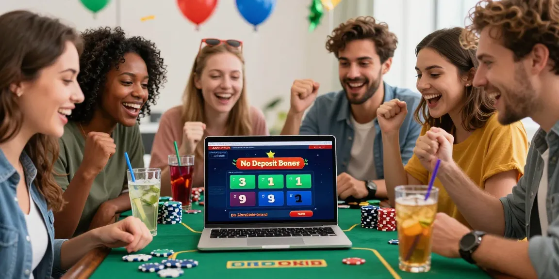 Group of friends enjoying a Free No Deposit Bonus around a laptop with vibrant chips and drinks
