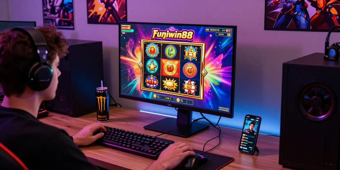 Seorang pemain terlibat dalam permainan slot gacor fujiwin88 dengan grafik berwarna-warni di layar komputer, menciptakan suasana menyenangkan.