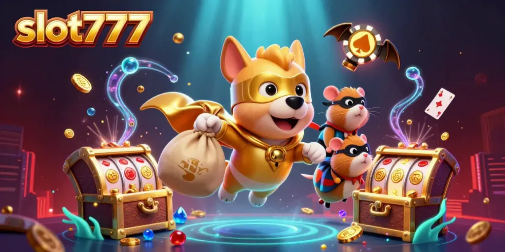 Experience the excitement of slot777 with a superhero dog and hamster in a vibrant casino-themed illustration.