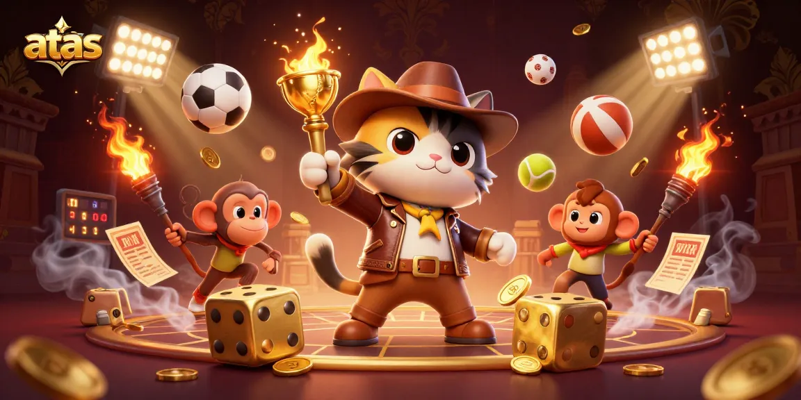 Engage in thrilling gaming with atas, featuring an adventurous scene of a cat archaeologist amidst dynamic casino elements.