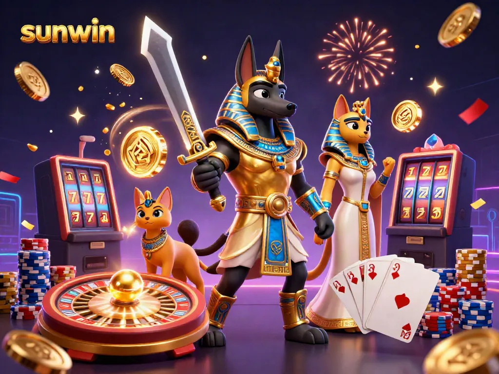 Experience the thrill of sunwin games with ancient Egyptian warriors and vibrant casino elements.