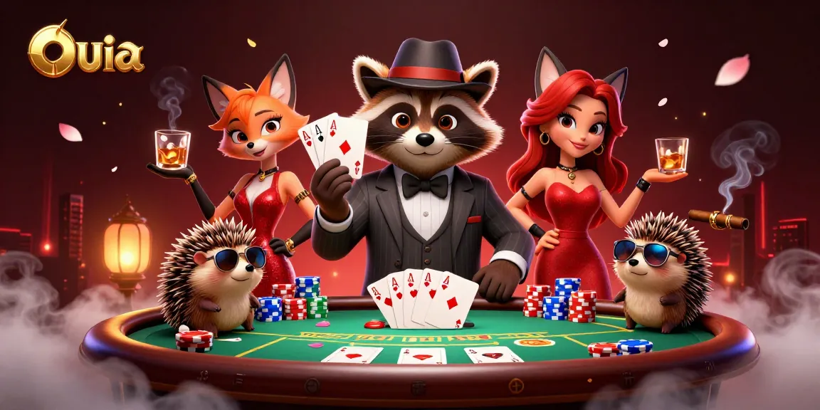 Engage in thrilling gameplay at ouia with a suave raccoon and charming fox at a lively poker table.
