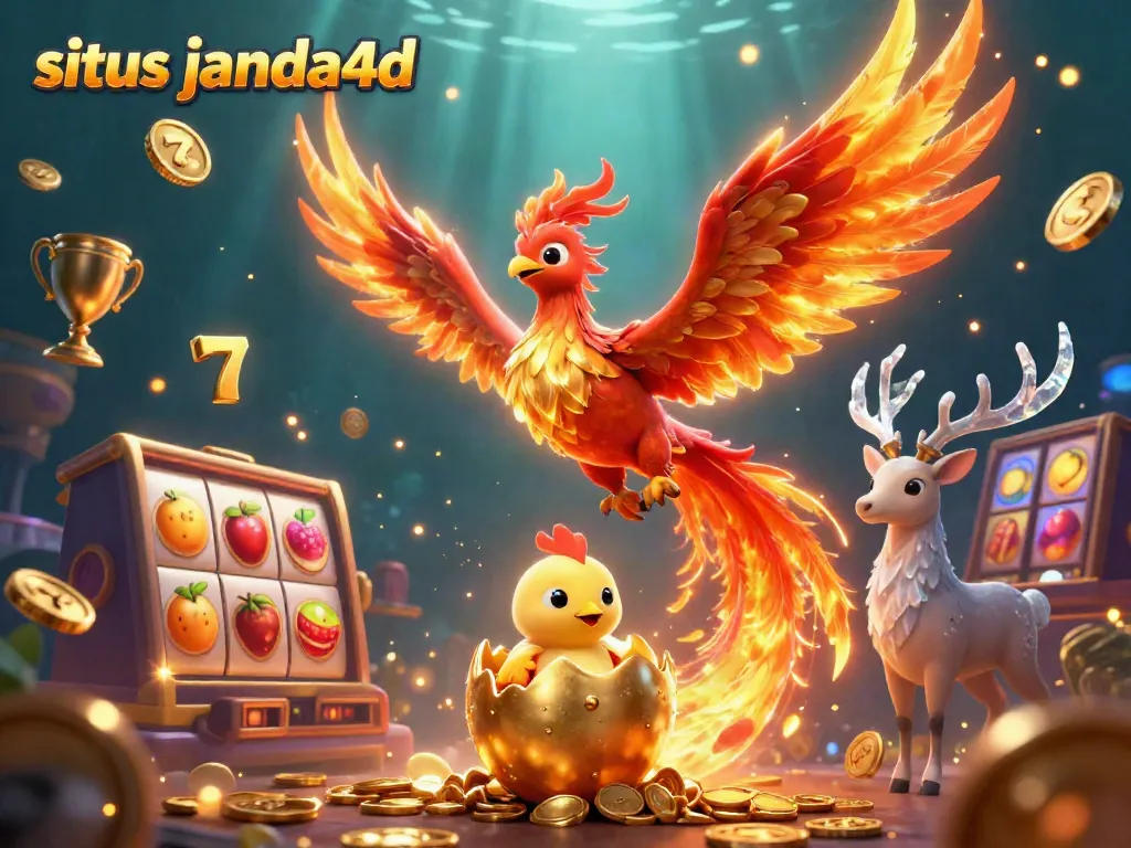 Visualisasikan situs janda4d dengan phoenix dan simbol slot kemenangan berkilau.