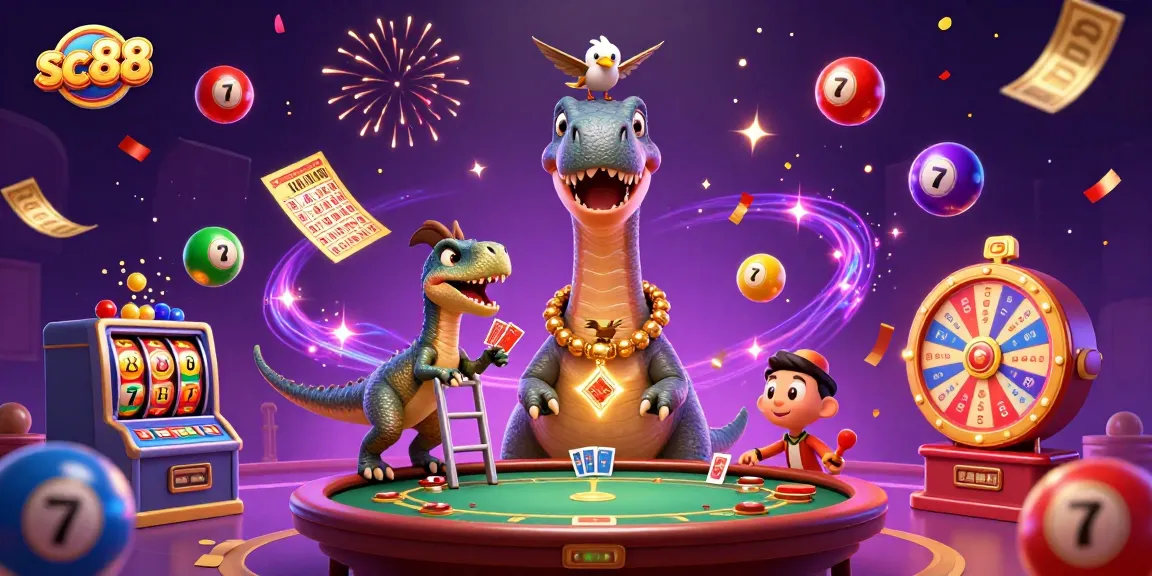 Experience the excitement at sc88 with a towering brontosaurus dealer and vibrant casino elements.
