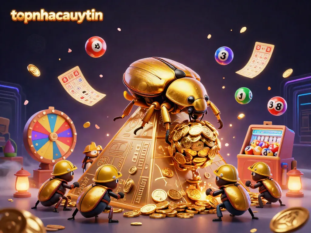 Experience the thrill of topnhacaiuytin with a 3D illustration showcasing an energetic golden beetle scene amidst casino elements.