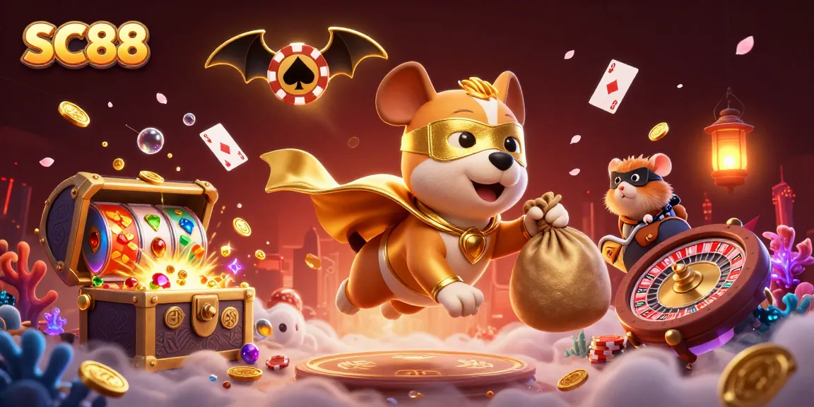 SC88 superhero dog reveals winning slots and casino treasures in a vibrant action-packed scene.