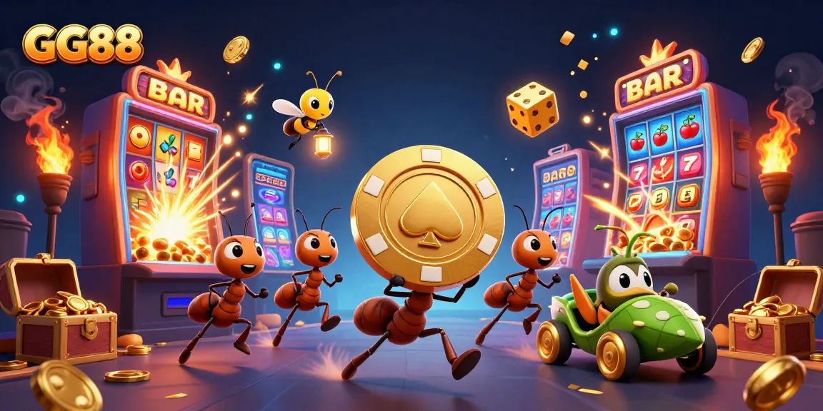 Experience the thrilling adventures in GG88: Ants heist with golden poker chips amidst exploding casino jackpots.