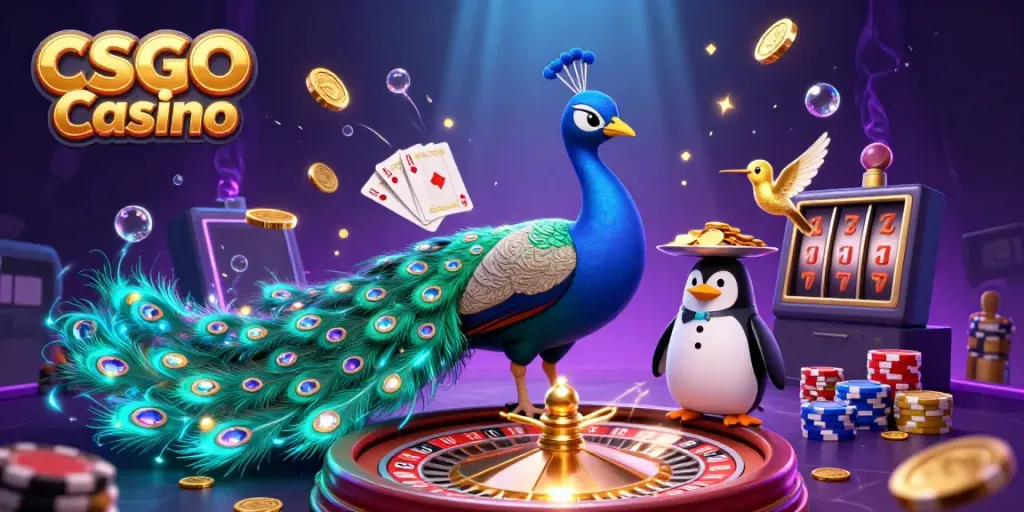 Experience vibrant moments at CSGO Casino with a dazzling peacock and golden penguin amidst sparkling riches.