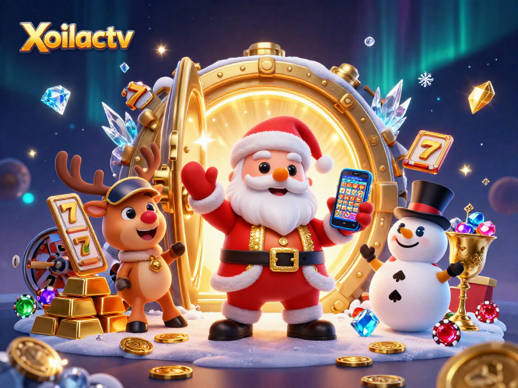 Xoilactv showcases a vibrant 3D casino scene with Santa and friends celebrating jackpot slots