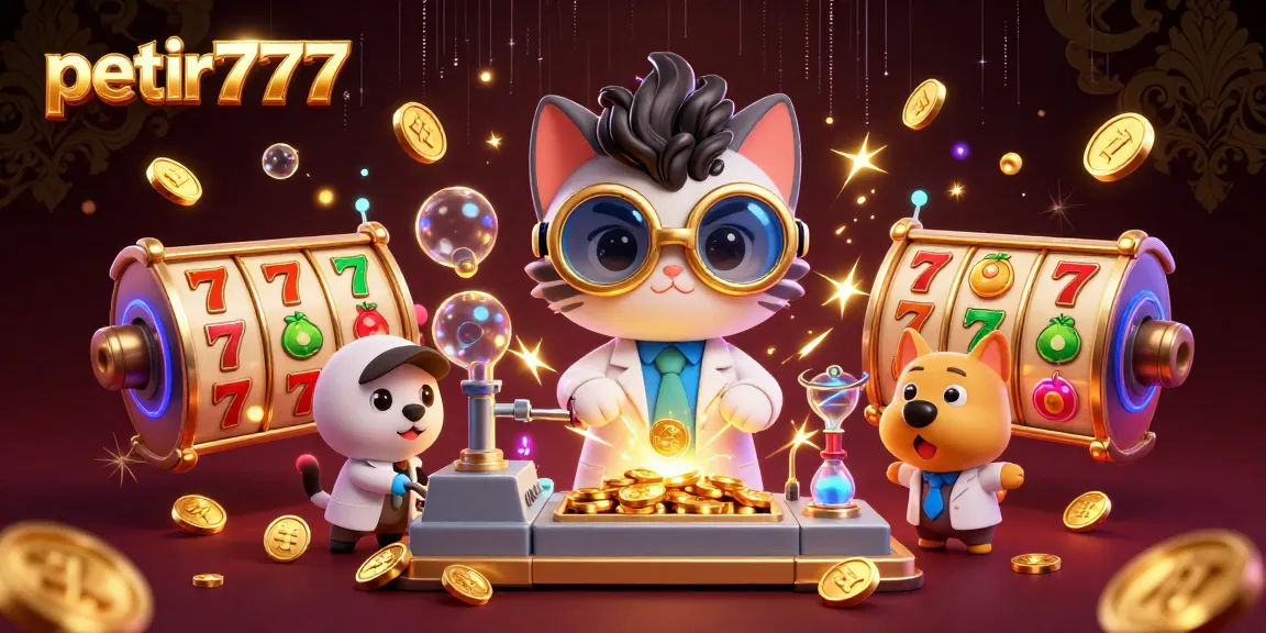 Experience thrilling wins at petir777 with a dynamic 3D illustration featuring a mad scientist cat and dog in an exciting casino scene.