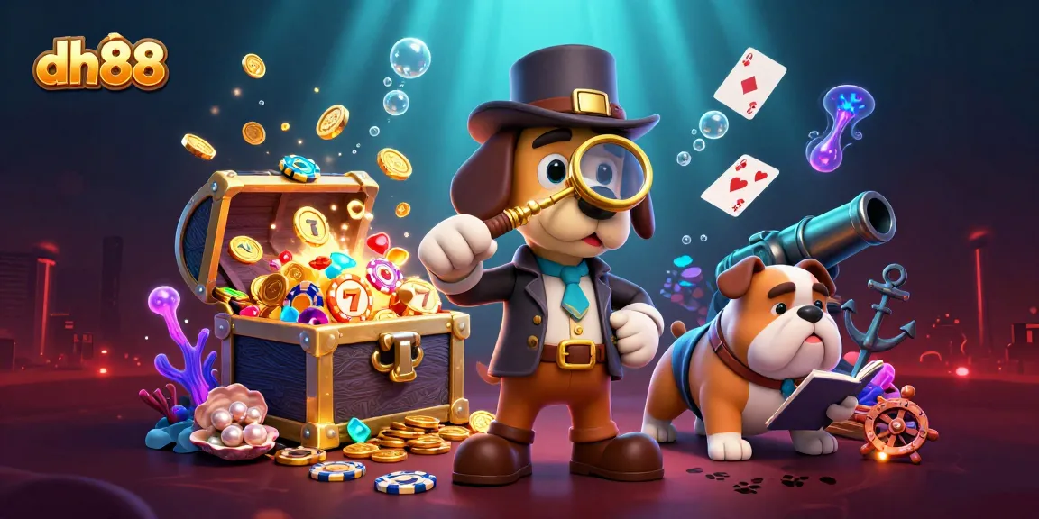 Join the dh88 detective duo uncovering poker chip clues amid vibrant slots and treasure.