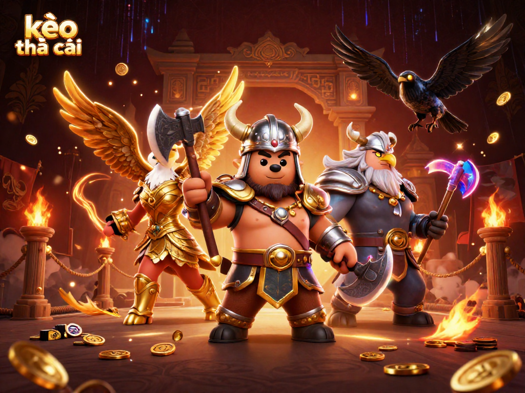 Engage with kèo nhà cái in this dramatic 3D scene featuring Viking bear and Valkyrie eagle.