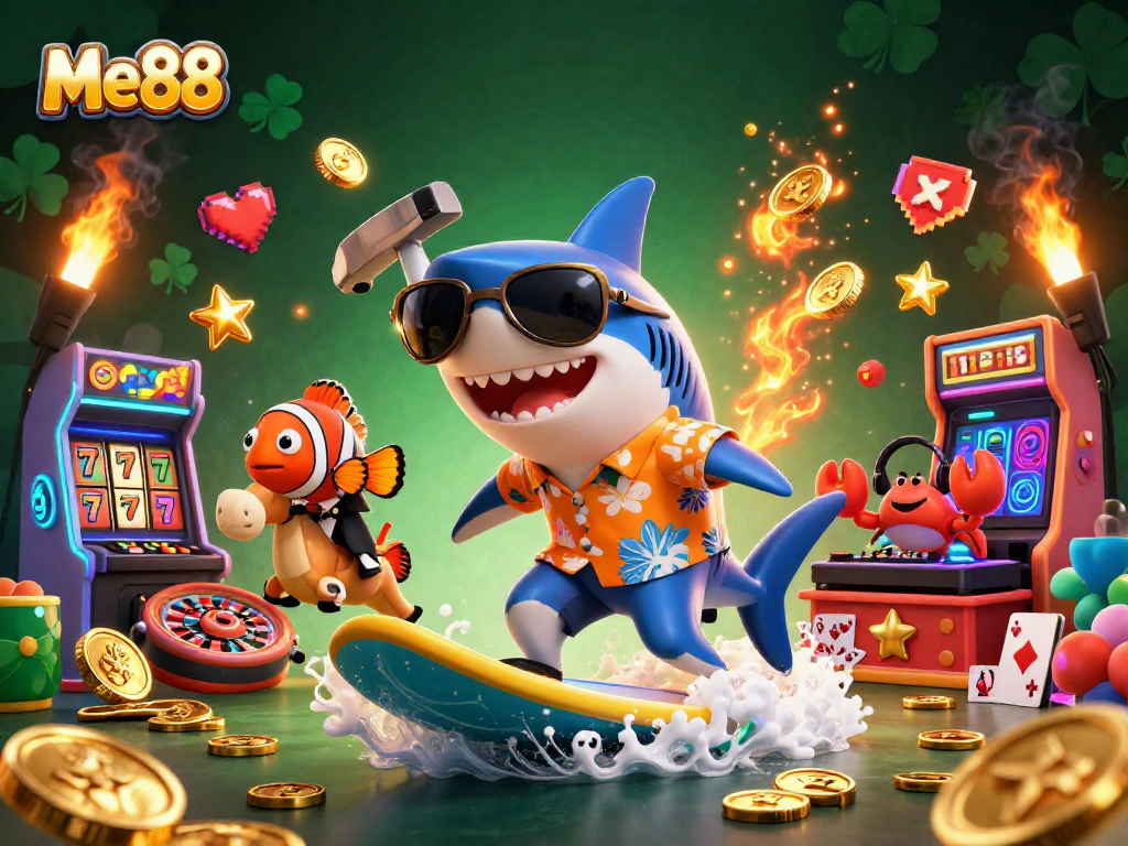 Experience thrilling gaming with Me88 as a shark surfs golden coins in a vibrant casino world.