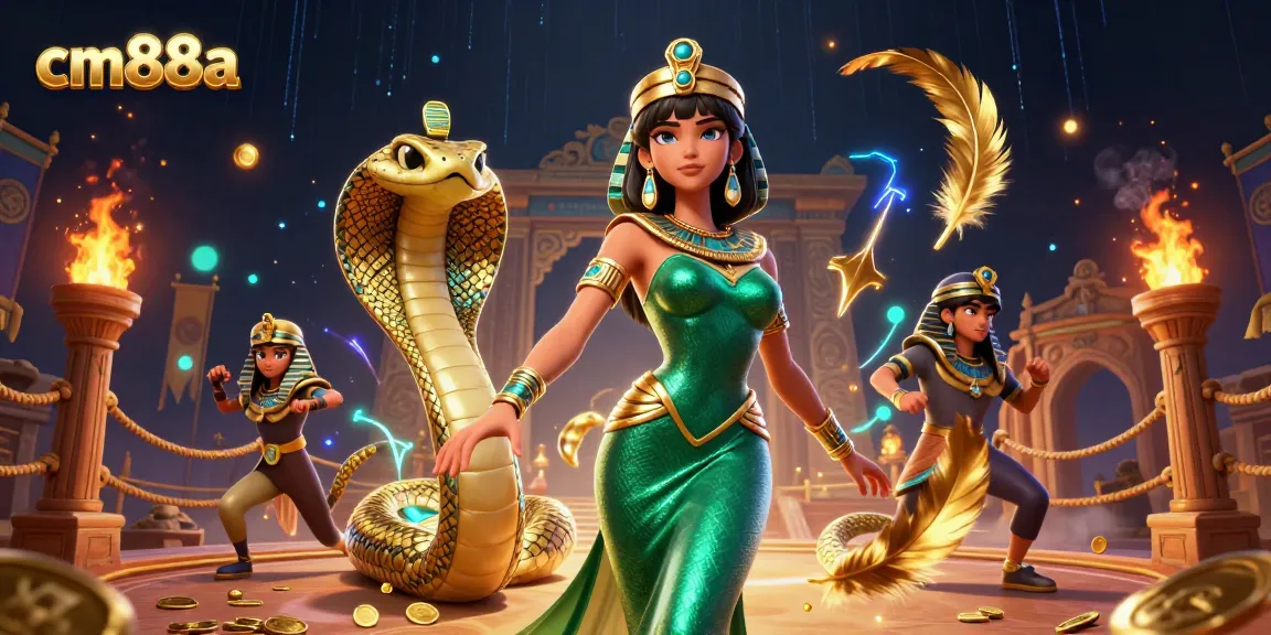 Exciting CM88A gaming scene with a captivating woman and golden cobra in a vibrant online casino.