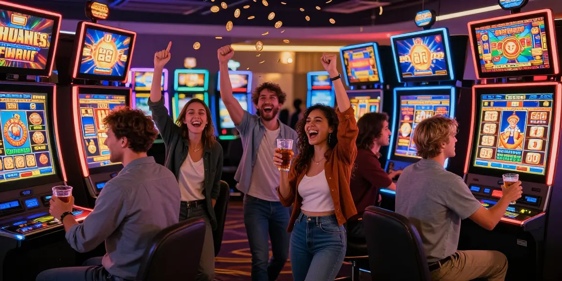 Suasana situs slot dengan pemain merayakan kemenangan di mesin slot, kebahagiaan dan energi memenuhi ruangan.