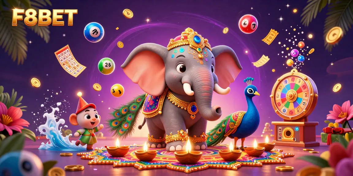 Engage with F8BET's vibrant 3D lottery scene adorned with colorful elements and festive decorations.
