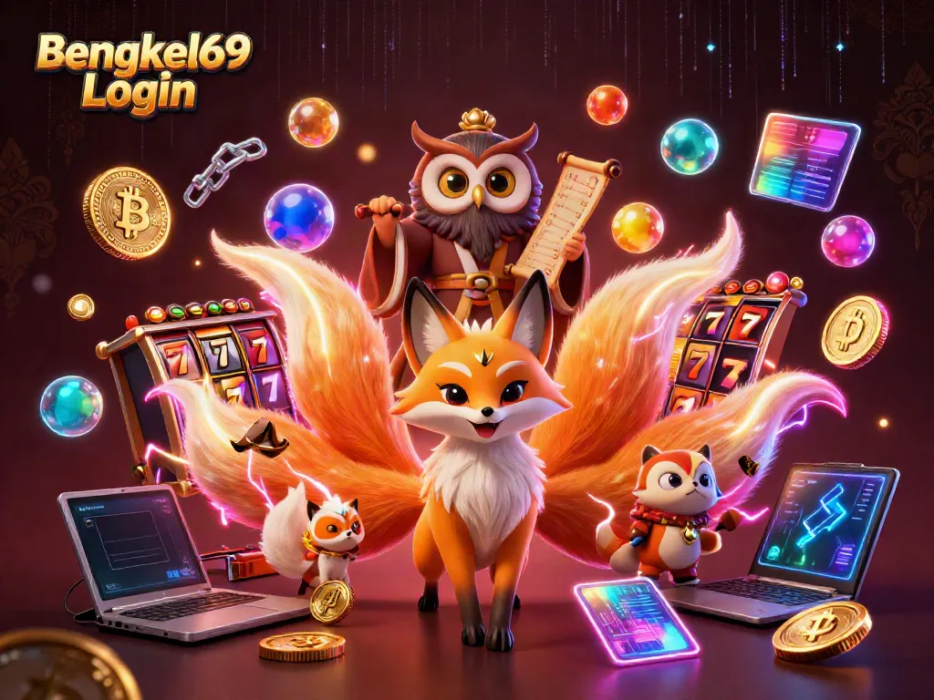 Spin to win with Bengkel69 Login featuring vibrant characters and glowing casino elements.