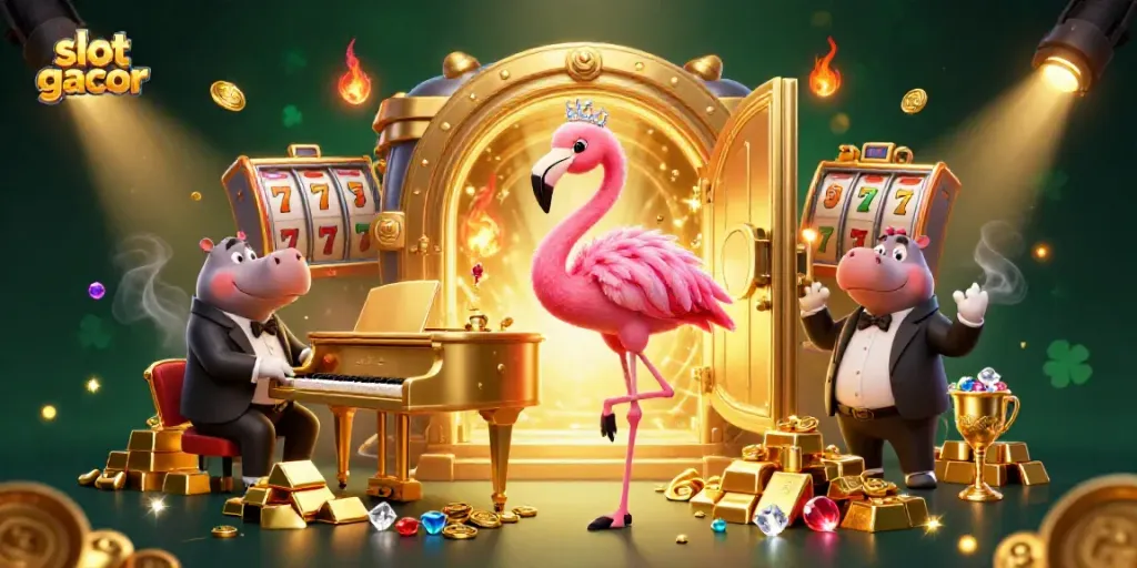 Experience the excitement of slot gacor with vibrant characters and dazzling gold elements in a dynamic casino scene.
