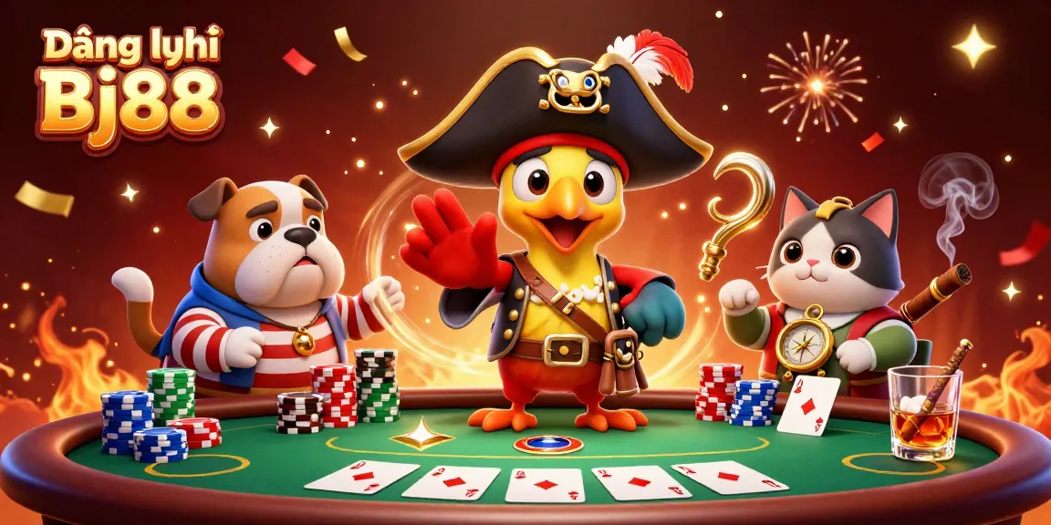 Experience the thrill of Đăng ký Bj88 and vibrant casino action with lively characters around poker elements.