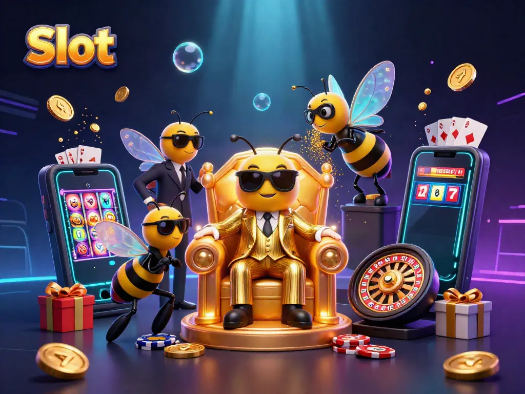 Slot permainan menarik dengan bos lebah 3D mengawasi di ponsel sambil dikelilingi elemen perjudian.