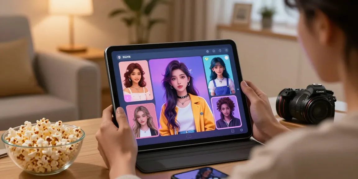 Engaging user's relaxed interaction with an NSFW AI character on a tablet amidst cozy home decor.