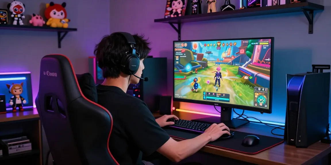 Gamer playing popular hentai games in a vibrant virtual setup.