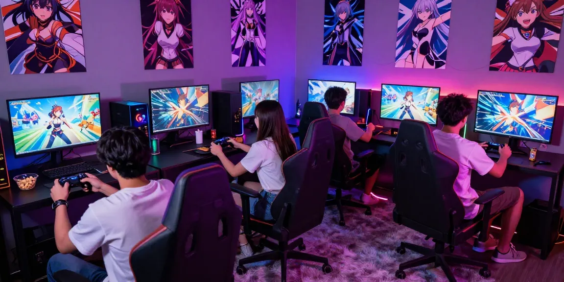 Group enjoying popular hentai games in a vibrant gaming lounge