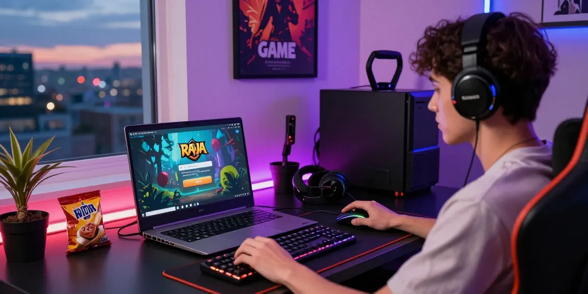 Player engaged in Raja Game login at a vibrant gaming desk with modern gear and city view.
